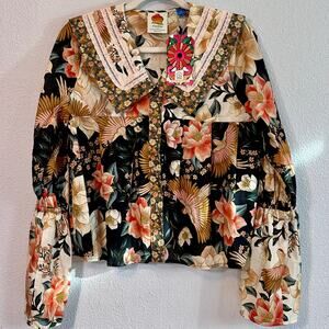 NWT Farm Rio Collared Embroidered Floral Blouse, Size M | Anthropologie